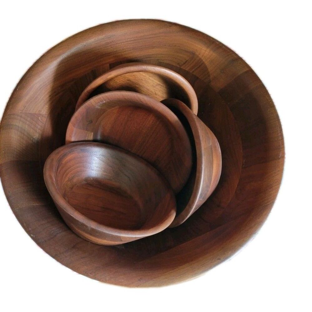 Vintage Vermillion Walnut Wood Bowls 1 Large 12" Tapered & 4 Small 6"
